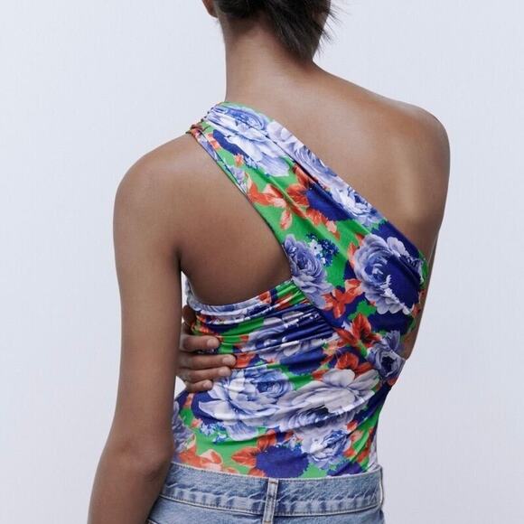 ZARA Floral Asymmetrical Bodysuit Blue Small S - Picture 3 of 10